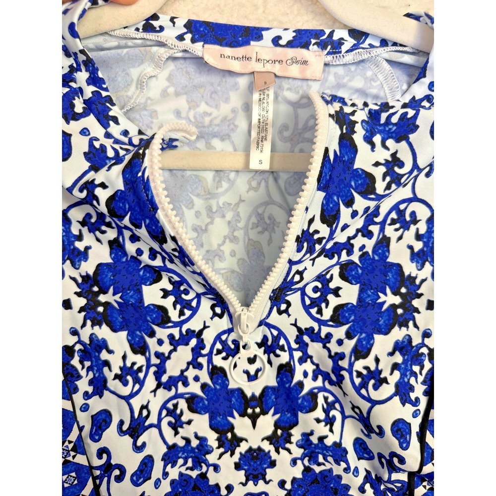 Nanette Lepore Rash‎ Guard Womens Small Blue Floral Long Sleeve Zip Swim Shirt - Picture 5 of 7